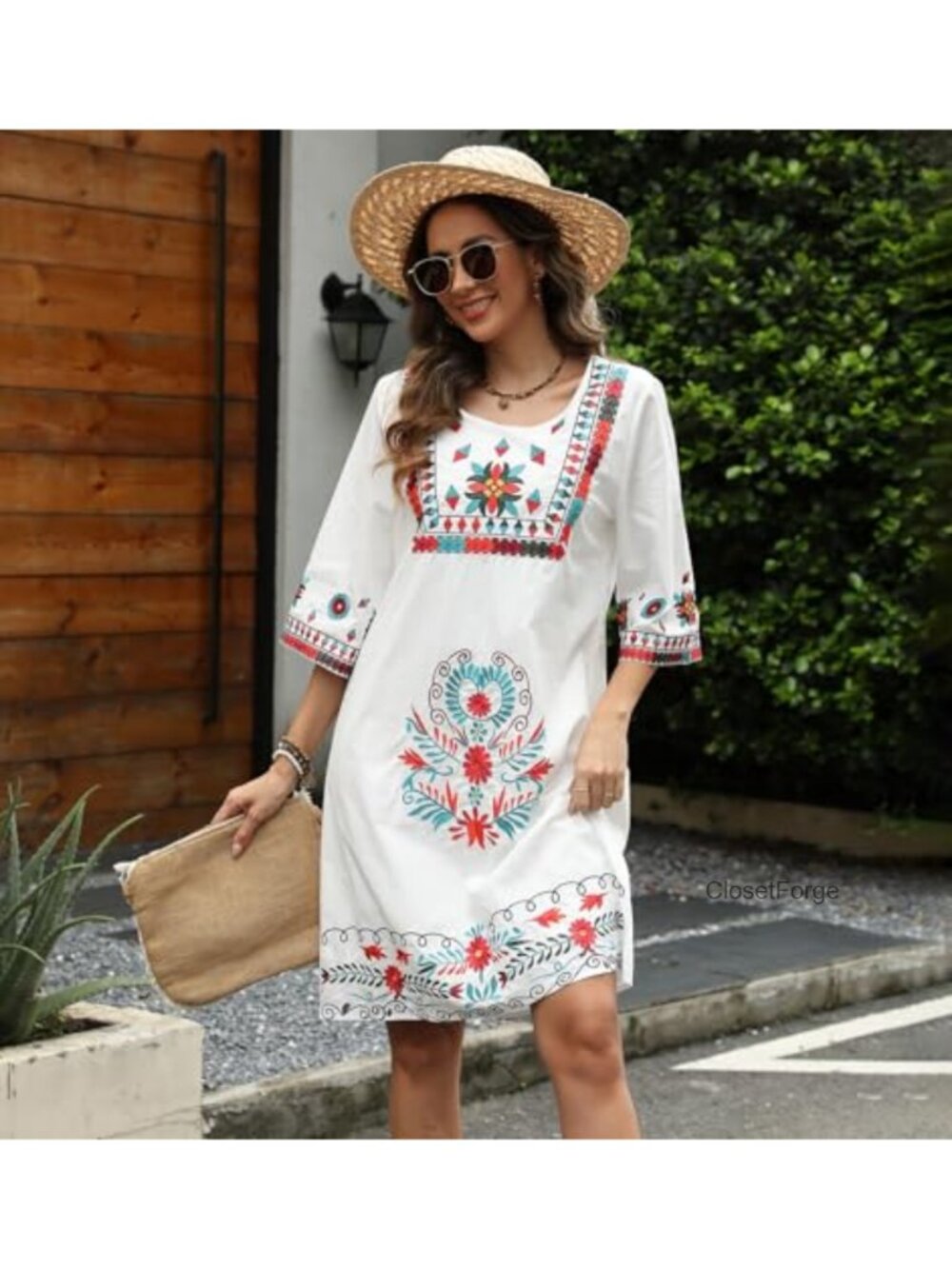 Mexican Embroidered Cotton Bohemian Dress Floral Peasant Fiesta Boho - Picture 4 of 5